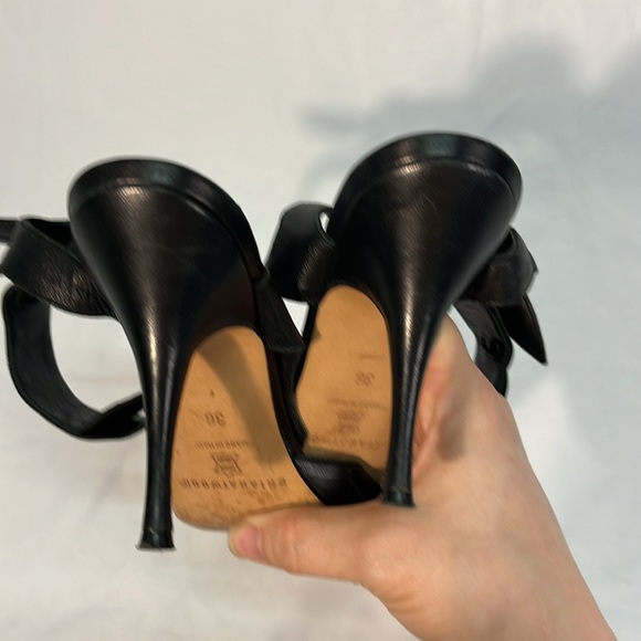 Brian Atwood Black Leather Stilettos Asymmetrical with Ankle Tie - Picture 11 of 14